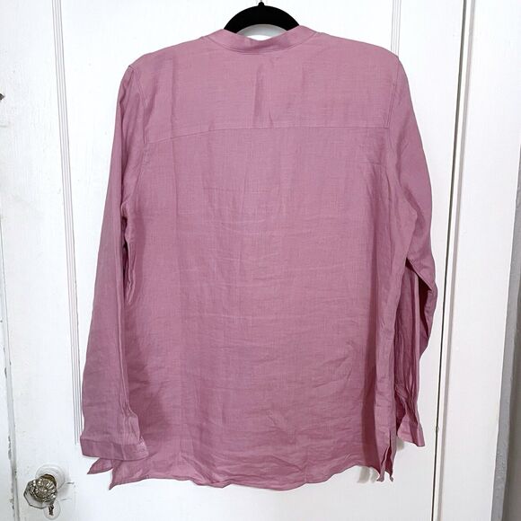 LL Bean Women’s Large Pink Pleat Front Band Collar Linen Shirt Top Button Up - Picture 5 of 5